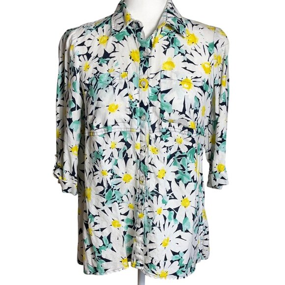 Jones NY Linen Shirt Daisy Floral Elbow Sleeves Button Up Tunic Blouse Womens S - Picture 1 of 11